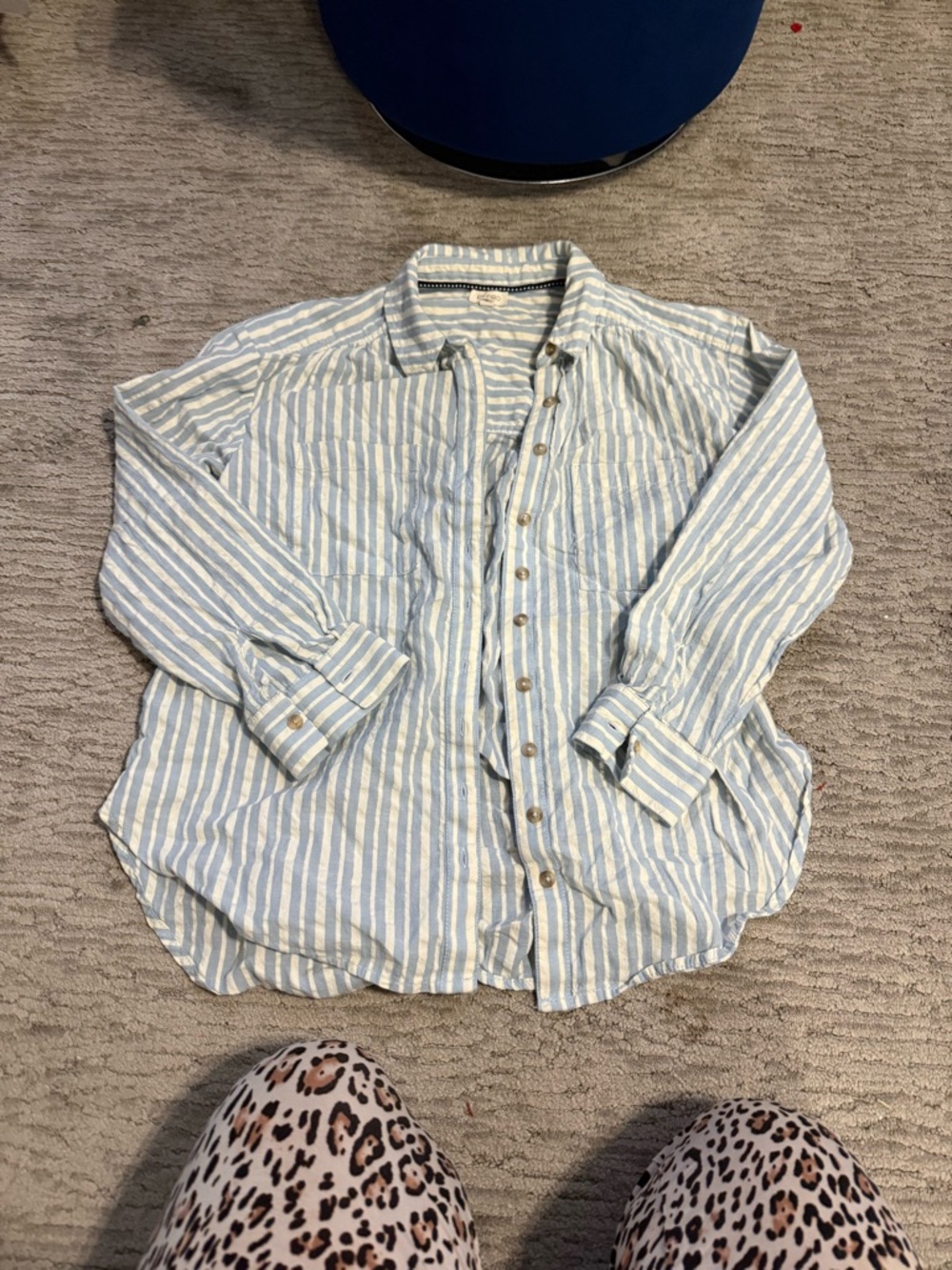 Pilcro Blue and White Striped Casual Button-Down Shirt needs to be ironed